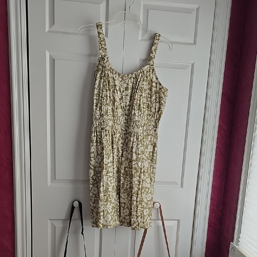 Floral Print Dress in Cream and Olive Green